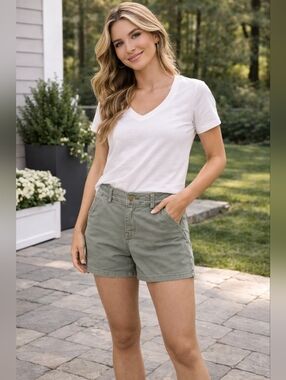 American Eagle Midi Olive Green Chino Shorts Khaki Sz 10 Stretch Casual 5" Cotto